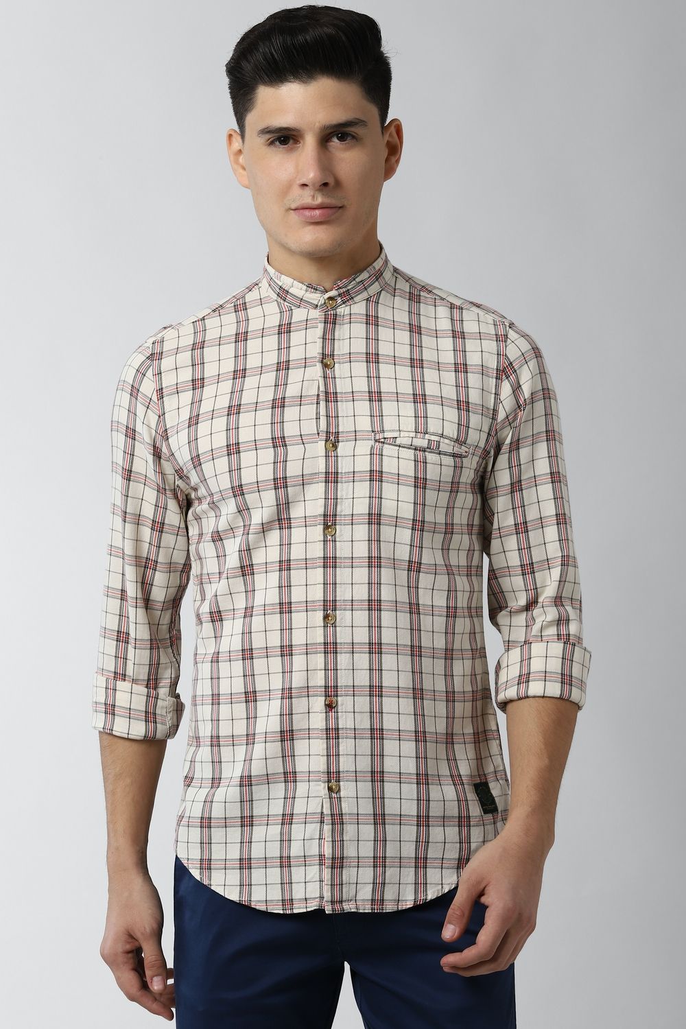 Men Beige Super Slim Fit Check Full Sleeves Casual Shirt