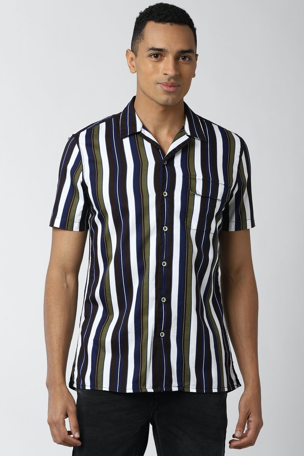 Men Multi Super Slim Fit Stripe Half Sleeves Casual Shirt