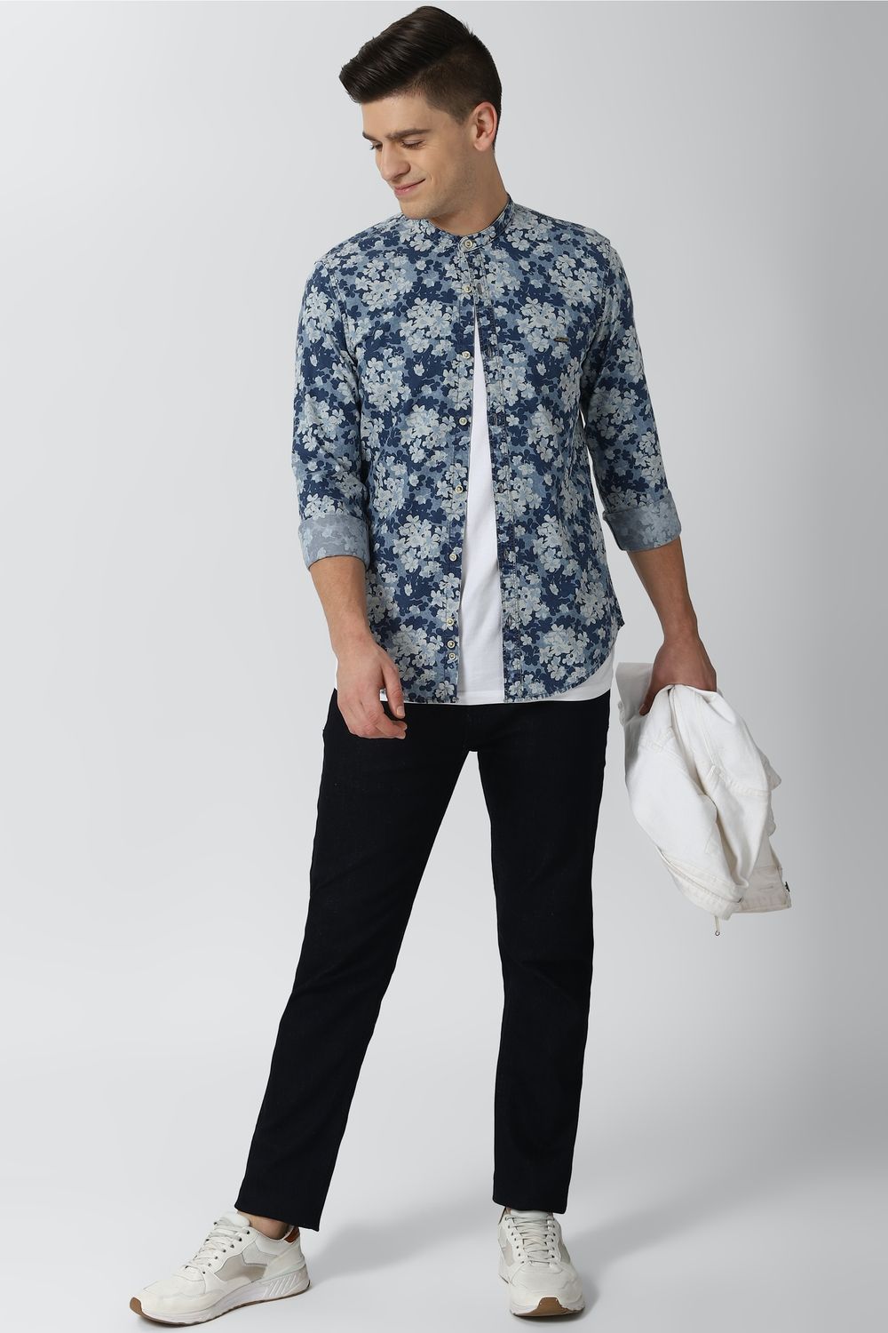 Men Blue Super Slim Fit Print Full Sleeves Casual Shirt