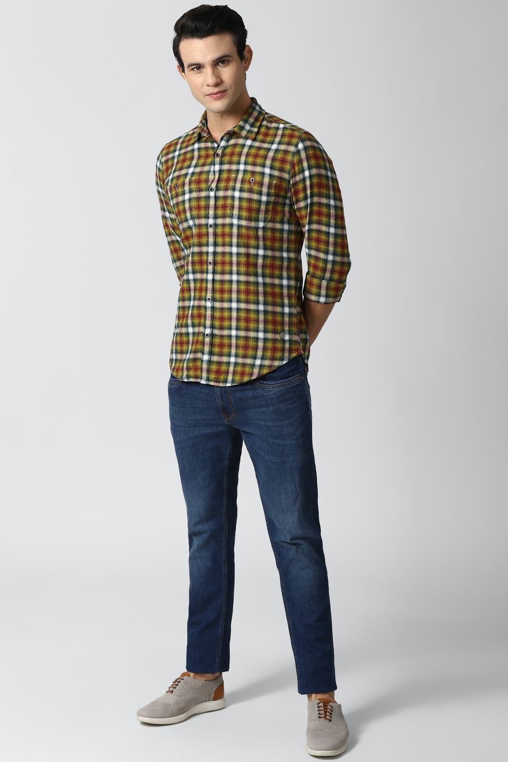 Men Yellow Super Slim Fit Check Full Sleeves Casual Shirt