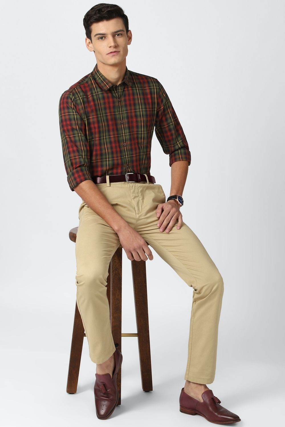 Men Olive Super Slim Fit Check Full Sleeves Casual Shirt