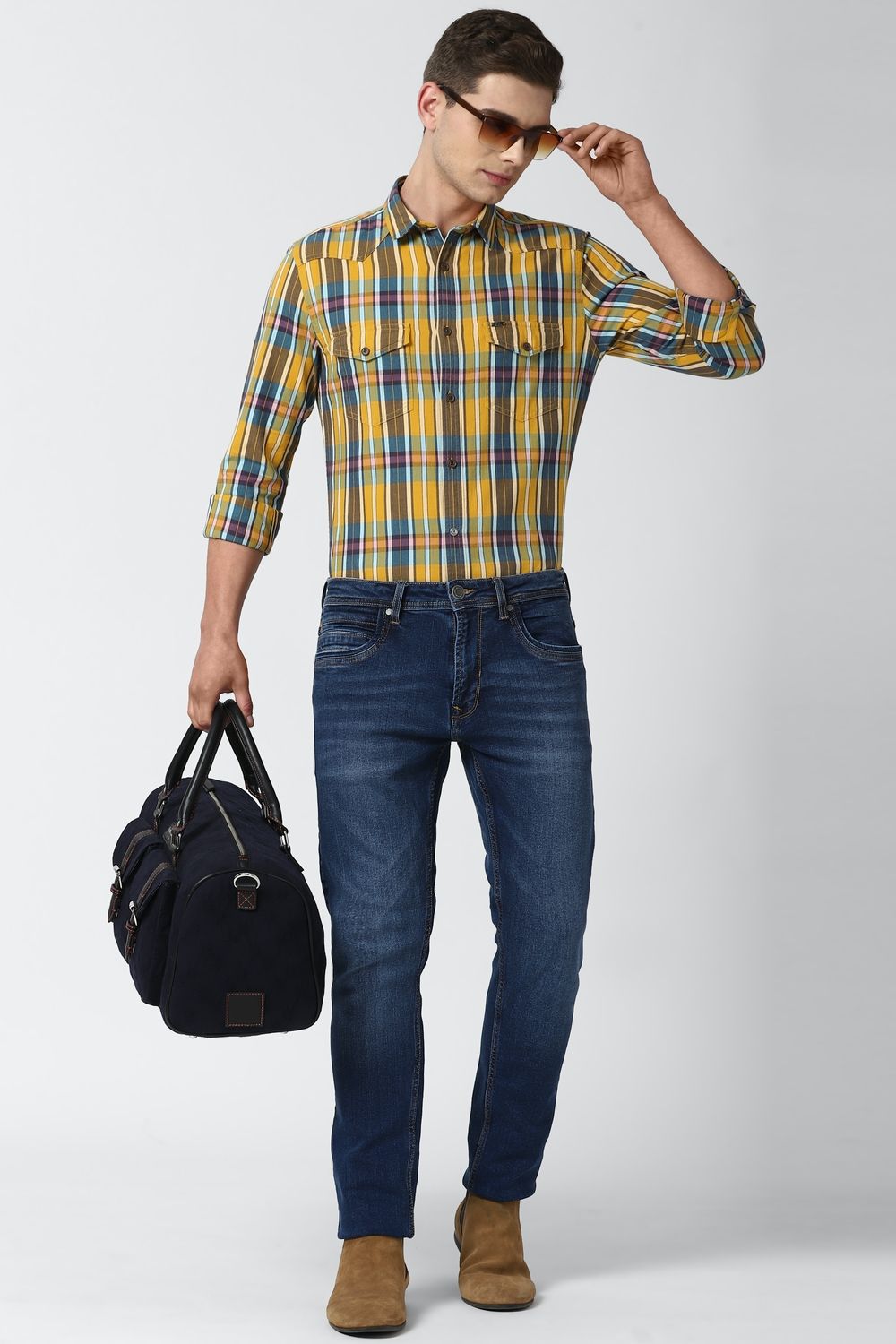 Men Yellow Super Slim Fit Check Full Sleeves Casual Shirt