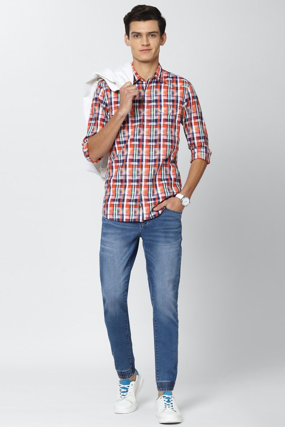 Men Orange Super Slim Fit Check Full Sleeves Casual Shirt