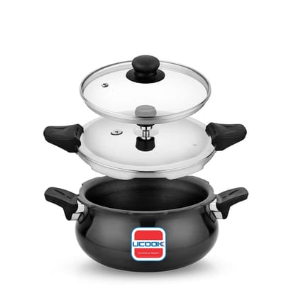 UCOOK By UNITED Ekta Engg. Hard Anodised Duo Lid 2 in 1 Induction Base 3 Litre Handi Shape Multipurpose All in one Outer Lid Pressure Cooker, Black UCOOK By UNITED Ekta Engg. Hard Anodised Duo Lid 2 in 1 Induction Base 3 Litre Handi Shape Multipurpose All in one Outer Lid Pressure Cooker, Black