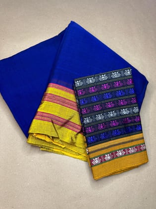 Ilkal Blue cotton saree with Contrast Khun Blouse Ilkal Blue cotton saree with Contrast Khun Blouse
