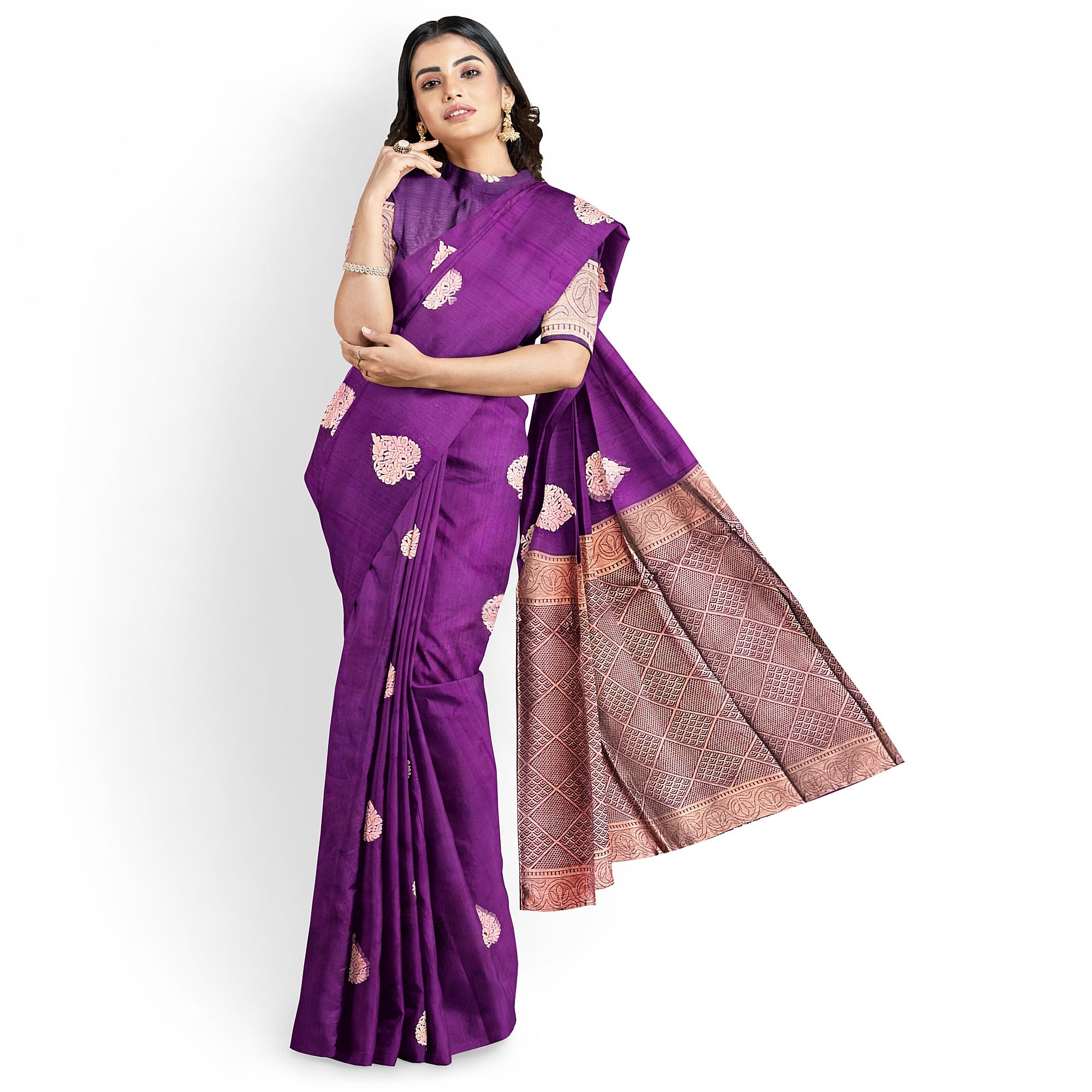 Purple Color Big Thilagam Copper Zari Butta Saree with Unstitched Blouse