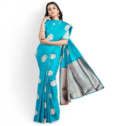 Sky Blue Color Big Floral Copper Butta Saree with Unstitched Blouse Sky Blue Color Big Floral Copper Butta Saree with Unstitched Blouse