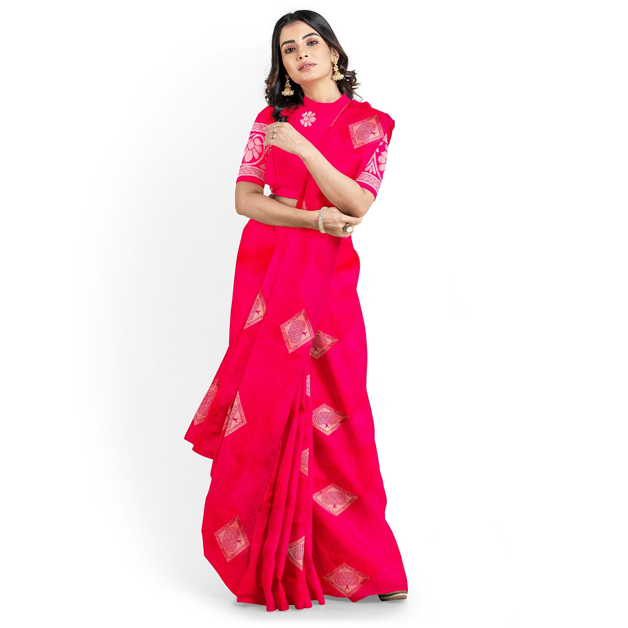 Ruby Red Color Big Diamond Butta Saree with Unstitched Blouse