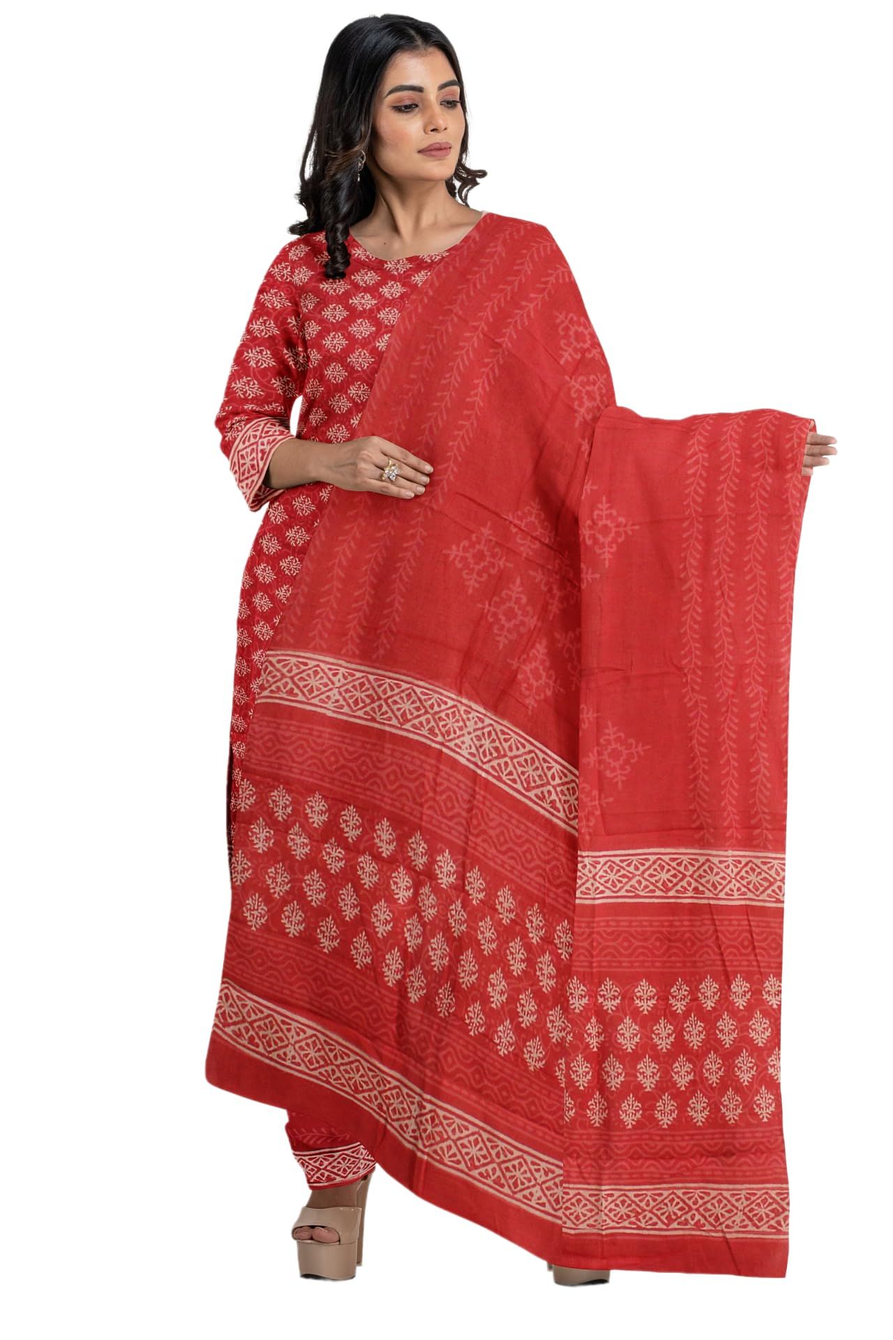 Garvi Gurjari (A Gujarat Govt Enterprise Red Hand Block Print Cotton Dress Material/Salwar Suit(GGCBPSS03)