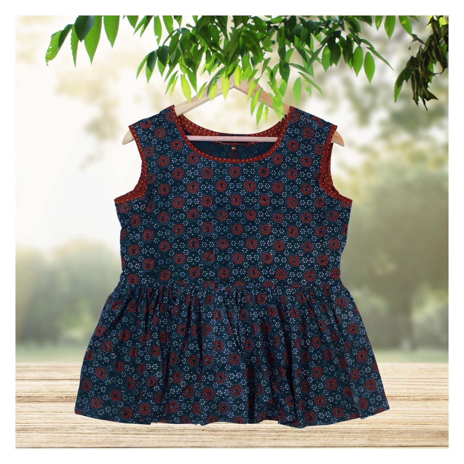 Garvi Gurjari (A Gujarat Govt Enterprise Blue Ajrakh Hand Block Printed Cotton Short Kurti(GGCACST10)