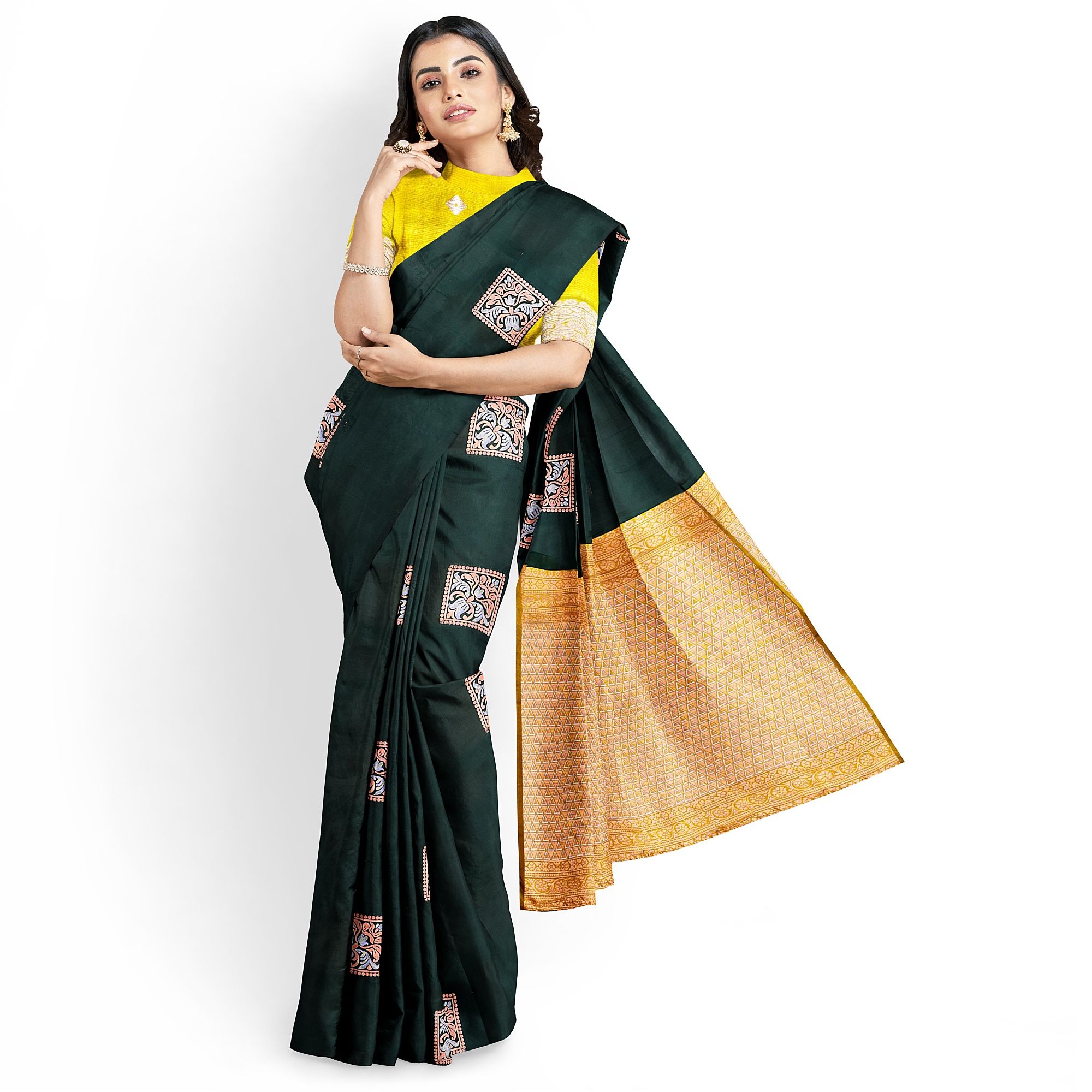 Dark Green Color Box Like Silver & Copper Zari Butta with Contrast Blouse