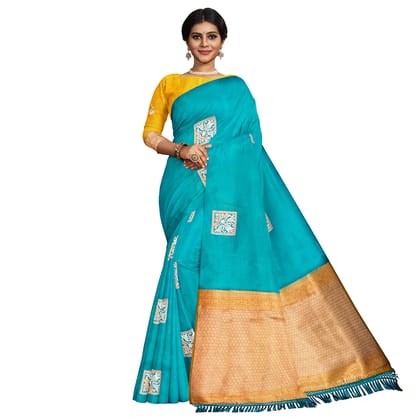 Sky Blue with Yellow Color Box Like Silver & Copper Zari Butta with Contrast Blouse Sky Blue with Yellow Color Box Like Silver & Copper Zari Butta with Contrast Blouse