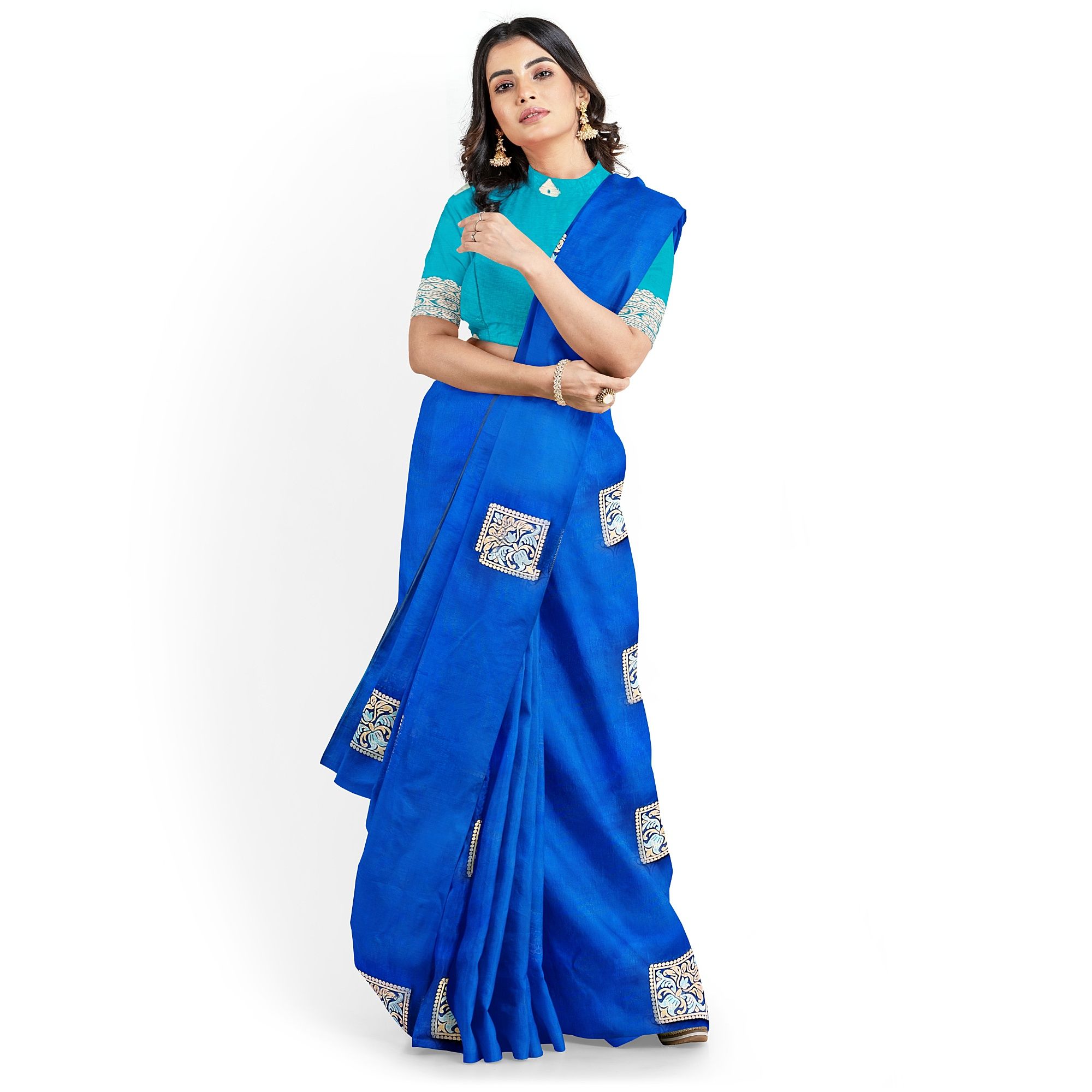 Dark Blue Color Box Like Silver & Copper Zari Butta with Contrast Blouse