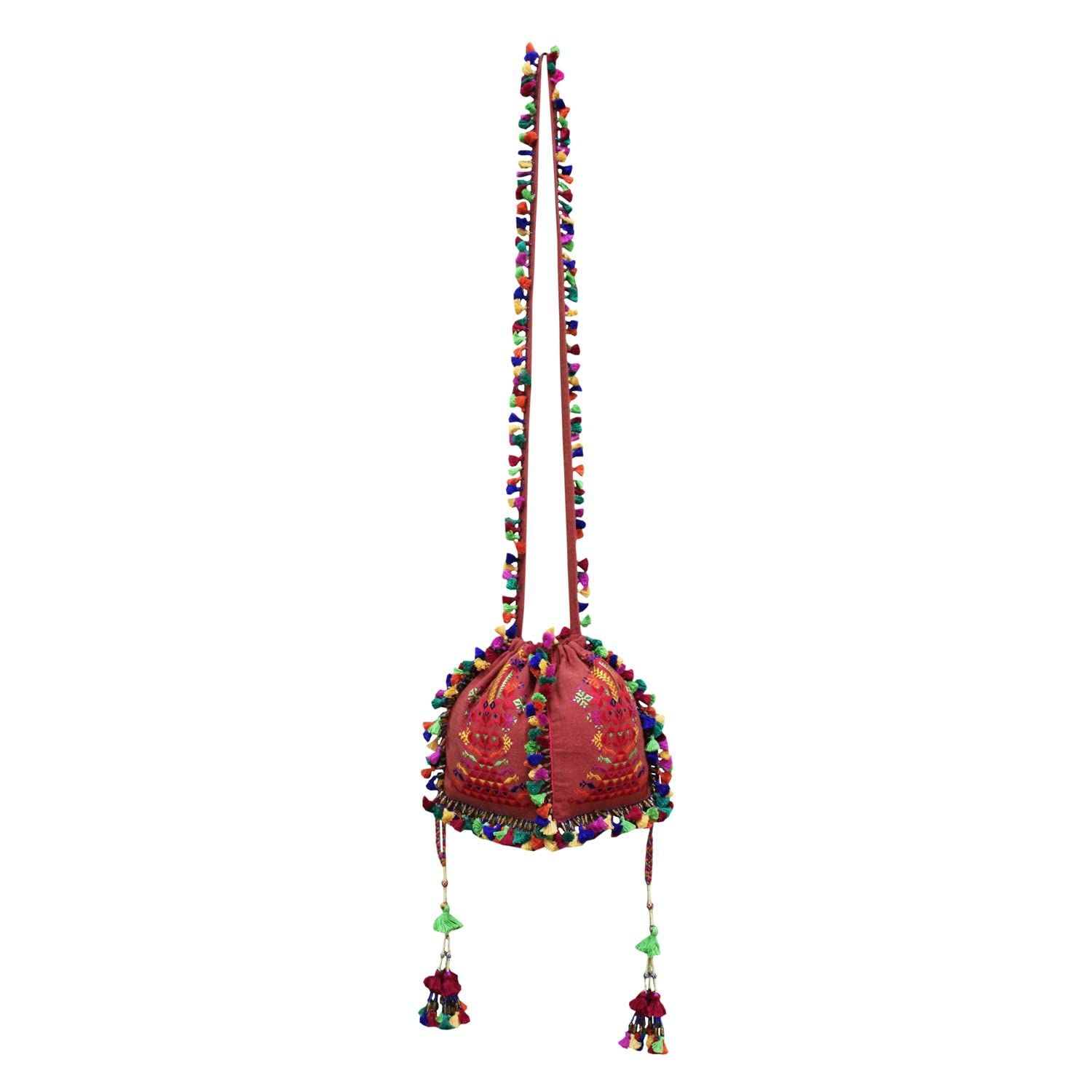 Brown Soof Embroidered Jhola Bag by Garvi Gurjari