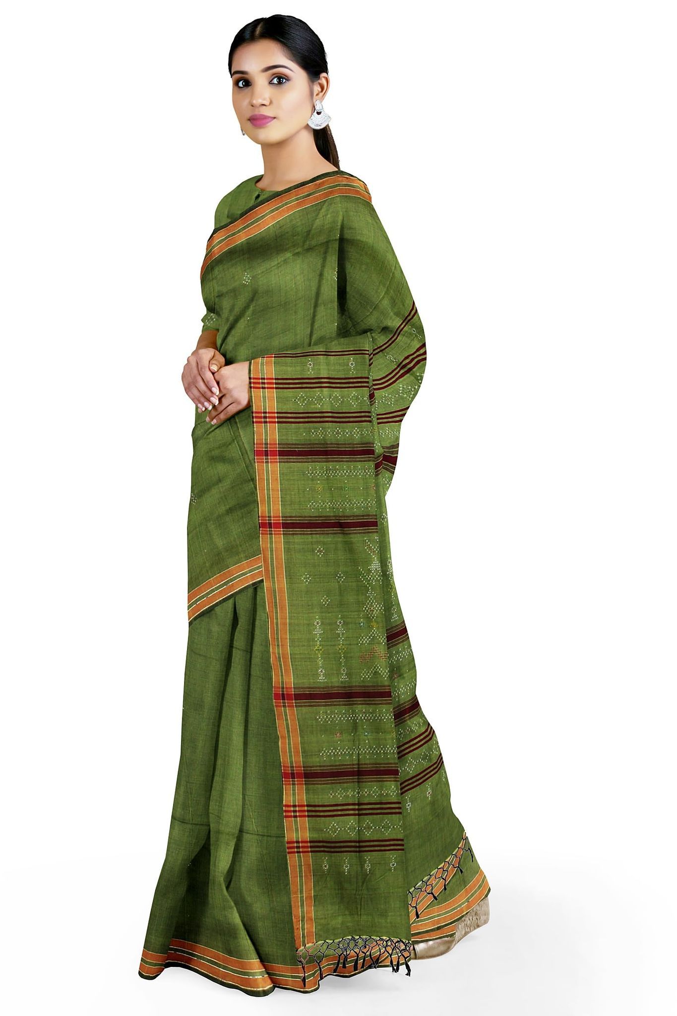 Garvi Gurjari (A Gujarat Govt Enterprise women Mehndi Green Tangaliya Cotton Handwoven Saree(GGCSTCSS25)