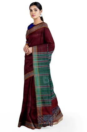 Garvi Gurjari (A Gujarat Govt Enterprise women Handwoven Maroon and Green Cotton Silk Tangaliya Saree(GGCSTCSS12)