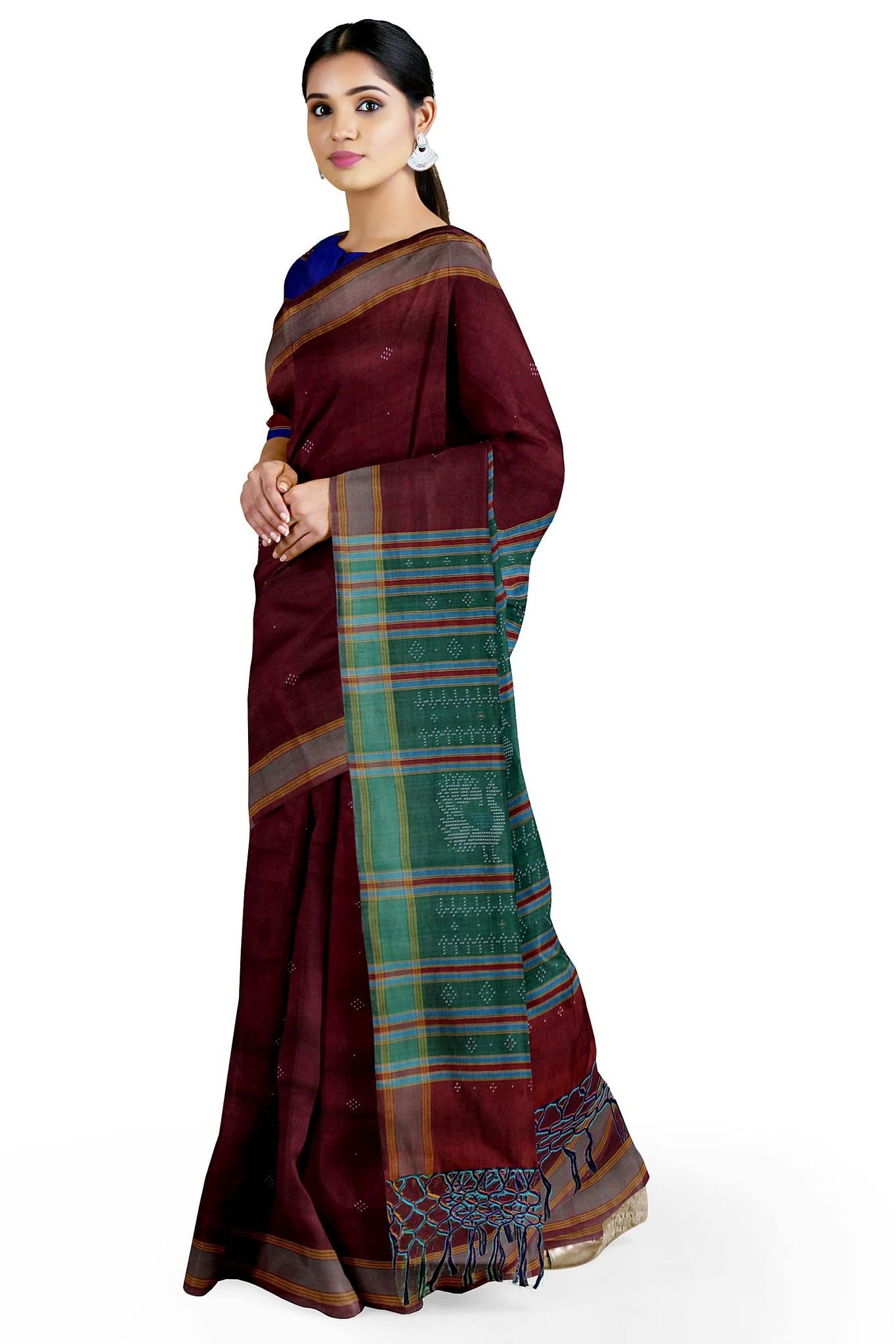 Garvi Gurjari (A Gujarat Govt Enterprise women Handwoven Maroon and Green Cotton Silk Tangaliya Saree(GGCSTCSS12)