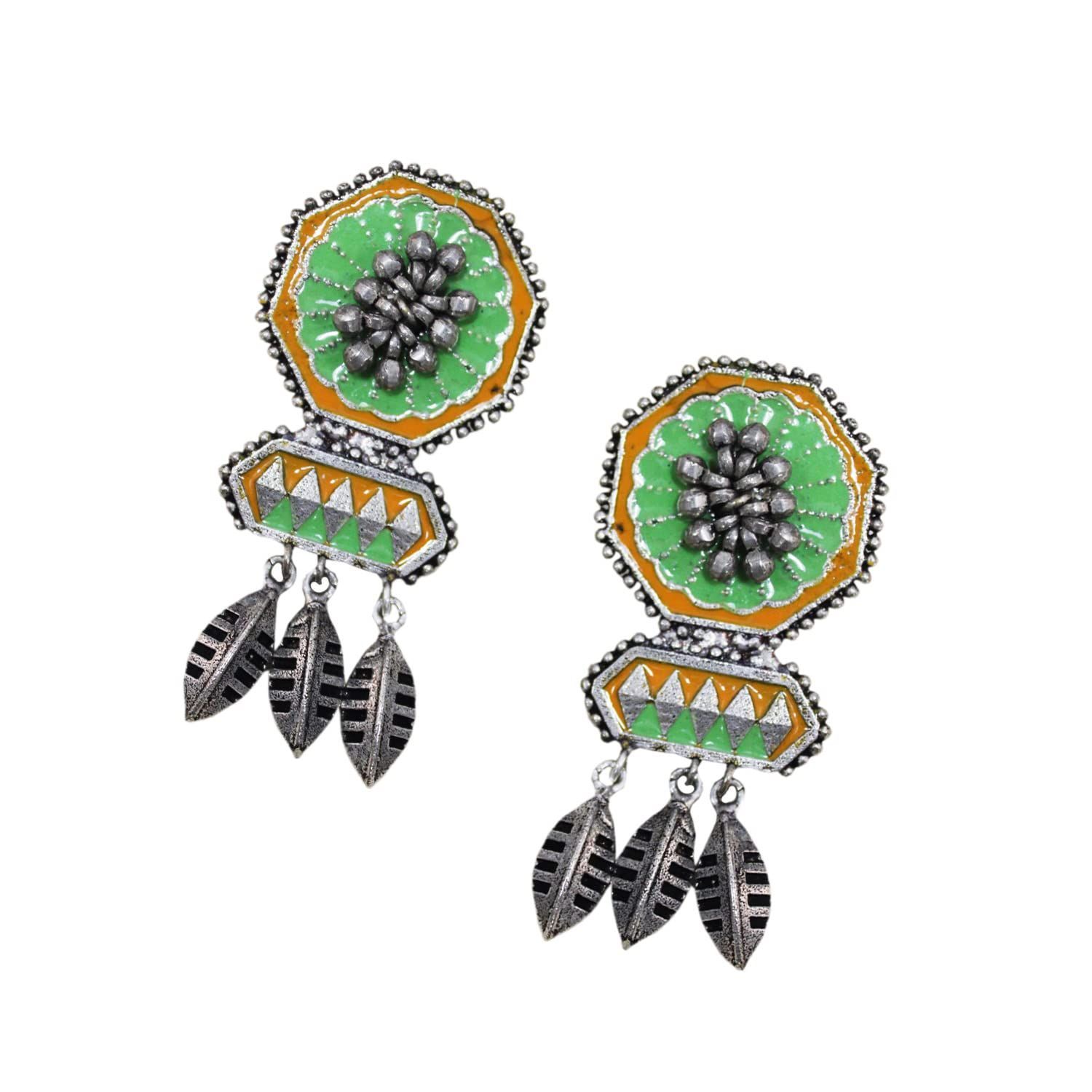 Handcrafted German Silver Green and Orange Oxidised Earrings By Garvi Gurjari