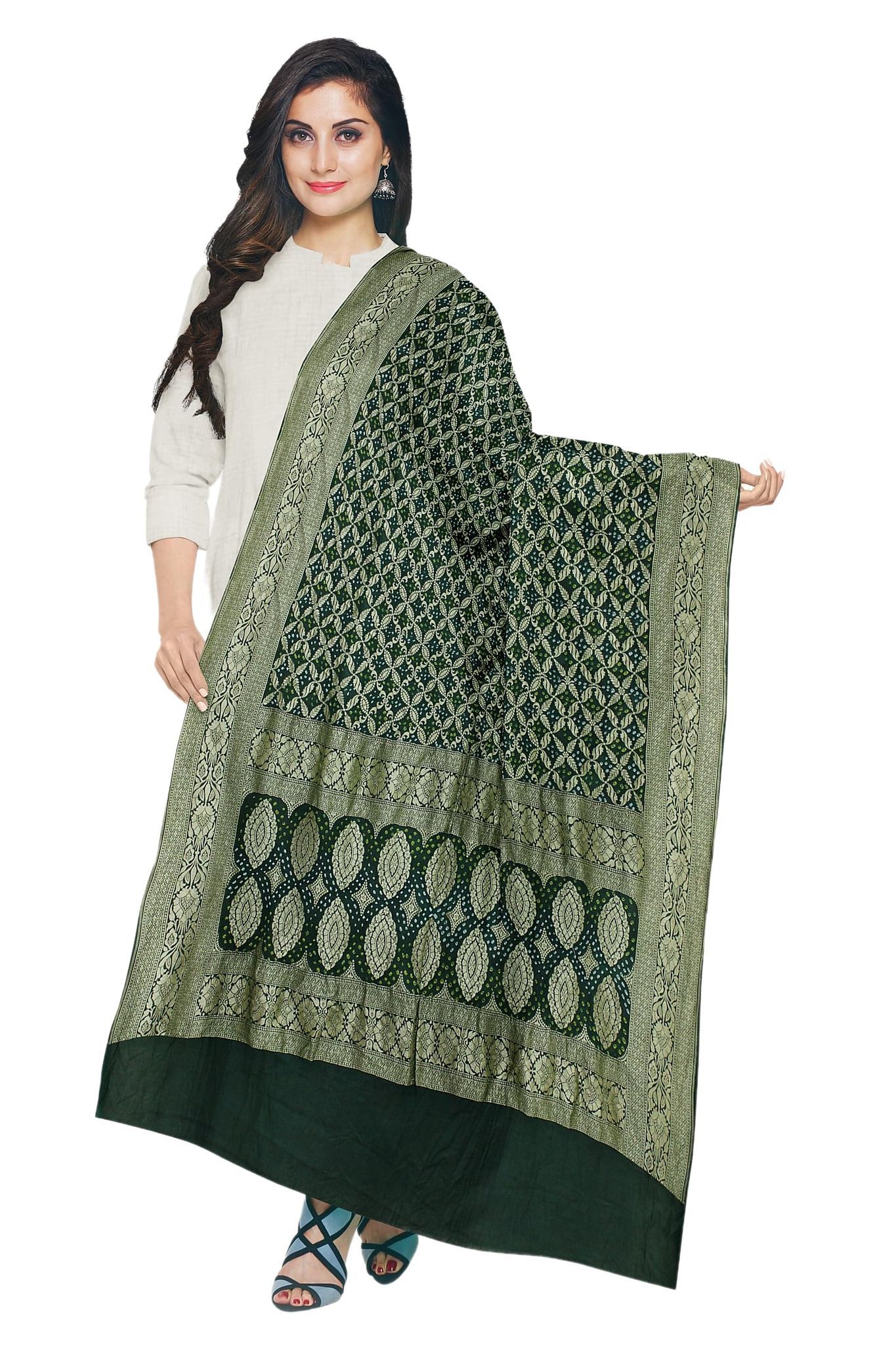 Garvi Gurjari (A Gujarat Govt Enterprise Bottle Green Georgette Handwoven Neemzari Bandhani Dupatta(GGCGBD04)
