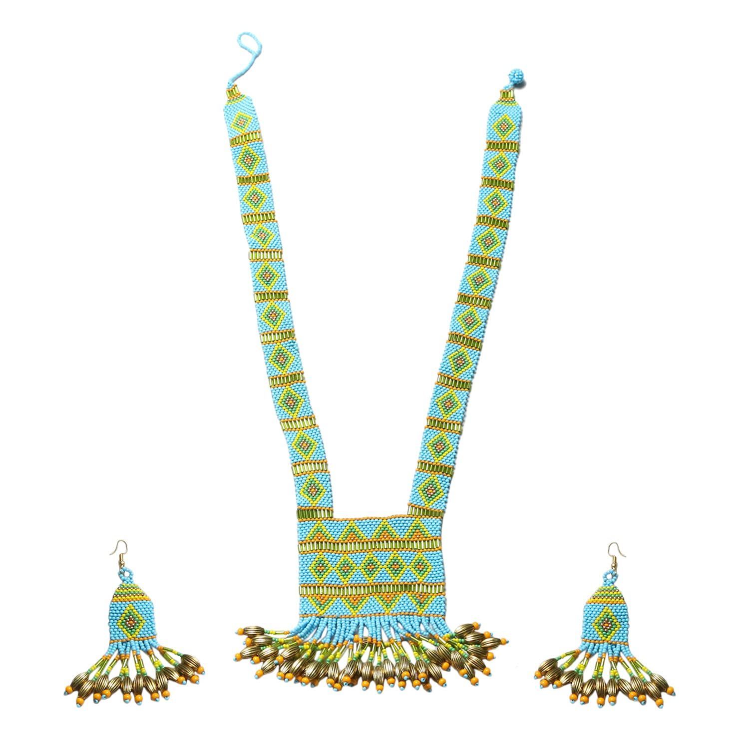 Garvi Gurjari (A Gujarat Govt Enterprise) Sky Blue Beaded Strand Necklace Set for Women