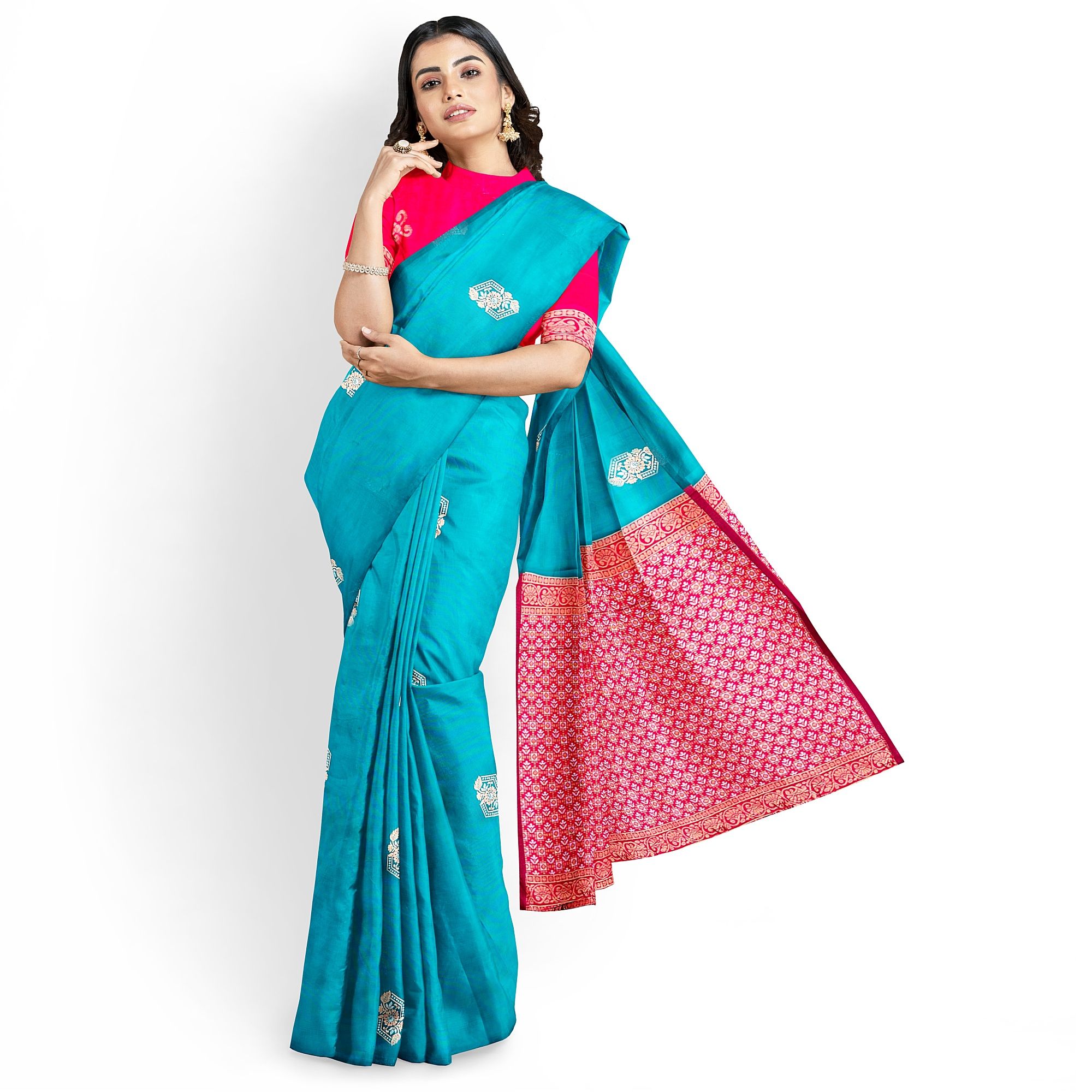 Turquoise Blue Color Silver & Copper Zari Butta with Contrast Blouse