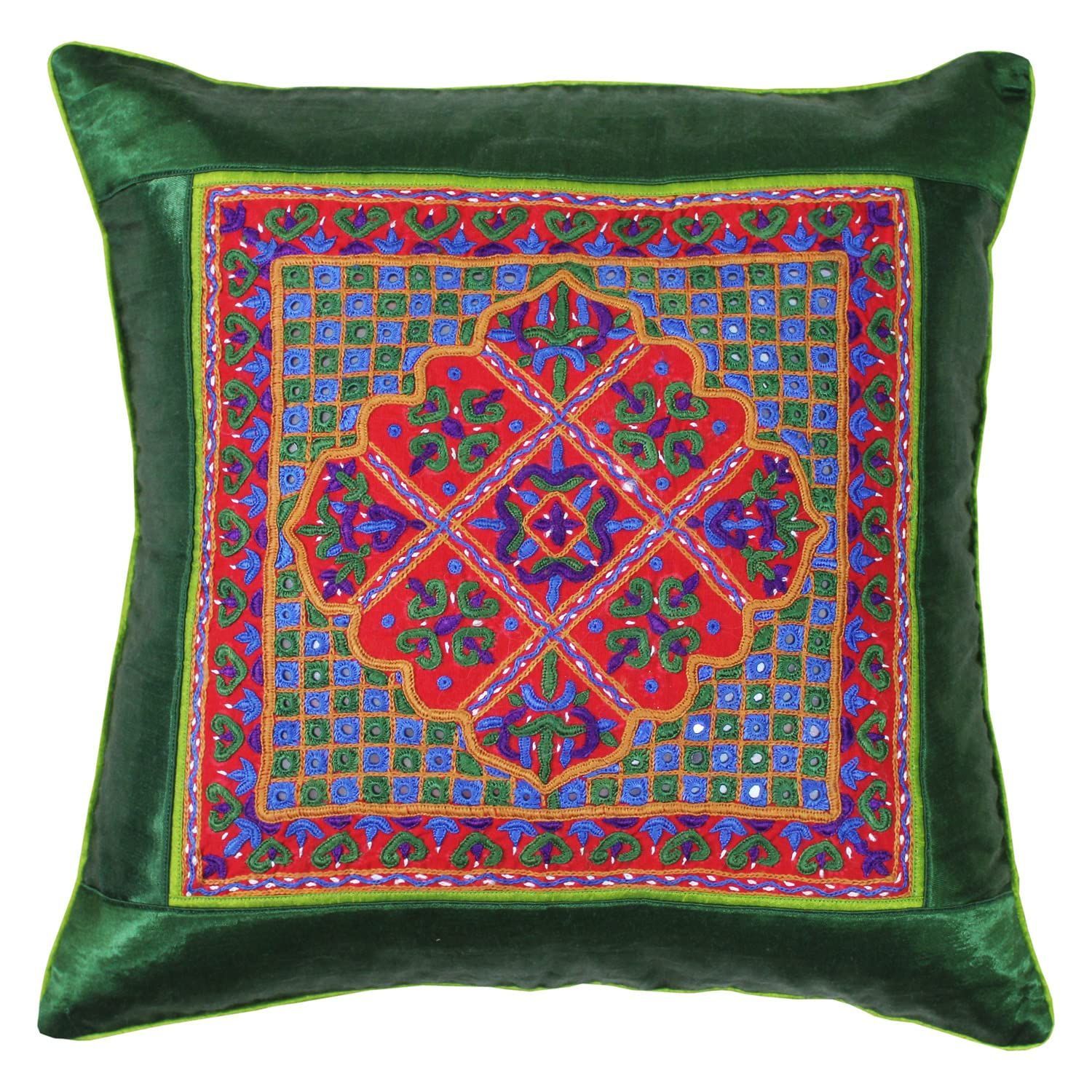 Garvi Gurjari (A Gujarat Govt Enterprise Green Hand Embroidered Mashru Cushion Cover