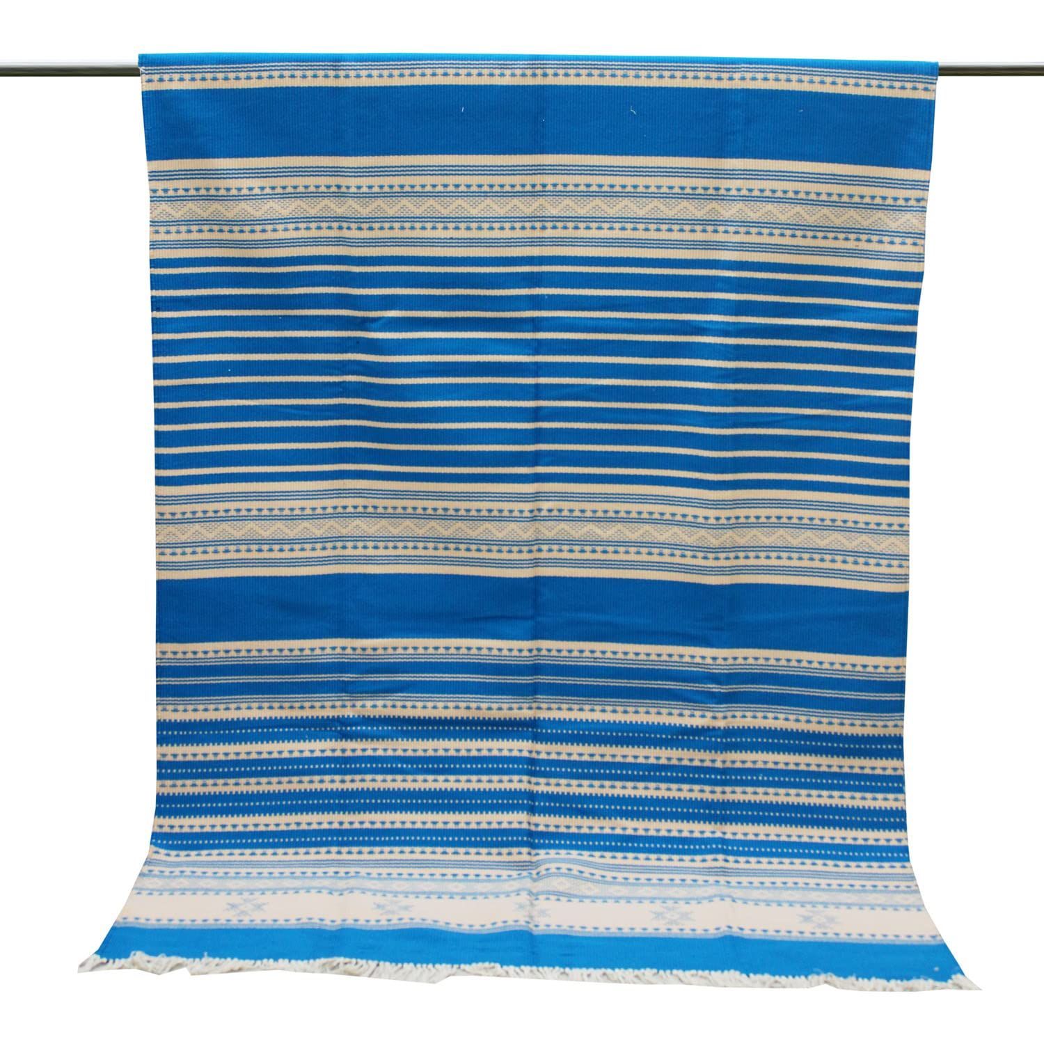 Garvi Gurjari (A Gujarat Govt Enterprise) Handmade Traditional Kutchi Cotton Carpet/ Rugs - Sky Blue and Cream