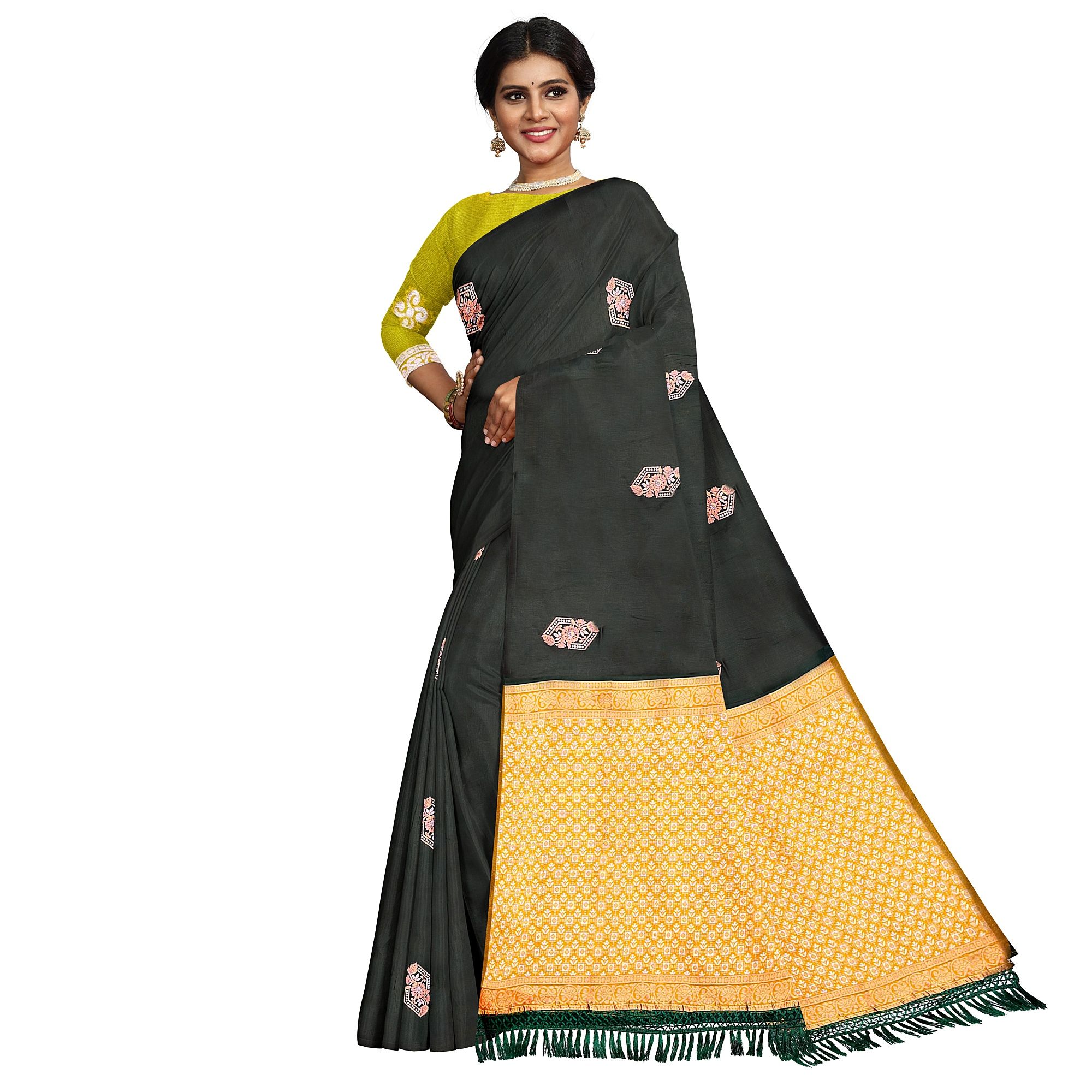 Dark Green with Yellow Color Silver & Copper Zari Butta with Contrast Blouse