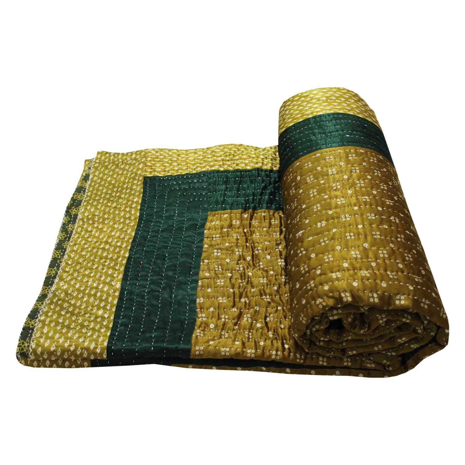 Garvi Gurjari Olive and Majestic Wine Shaded Mashru Double Bed Patchwork Quilt