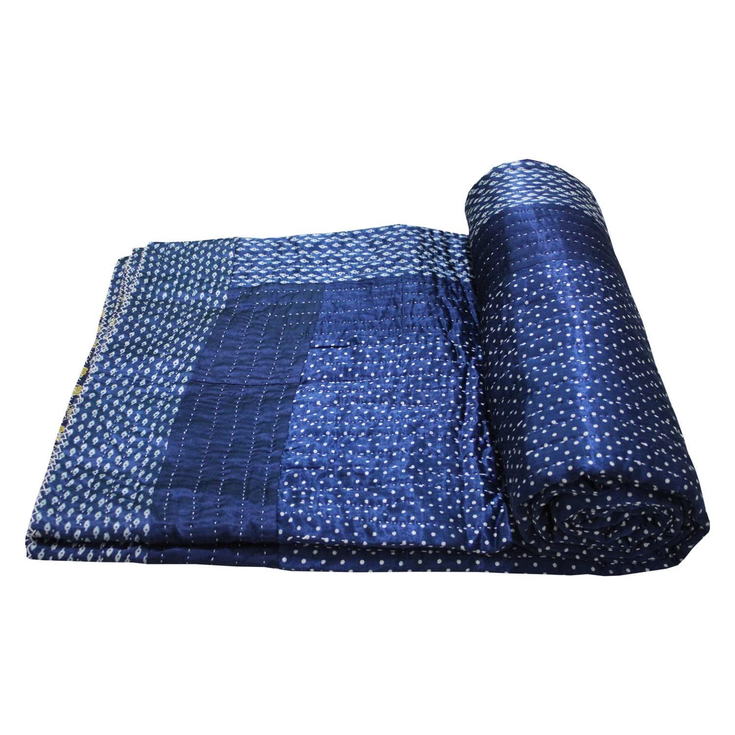 Garvi Gurjari Navy Blue Shaded Mashru Double Bed Patchwork Quilt