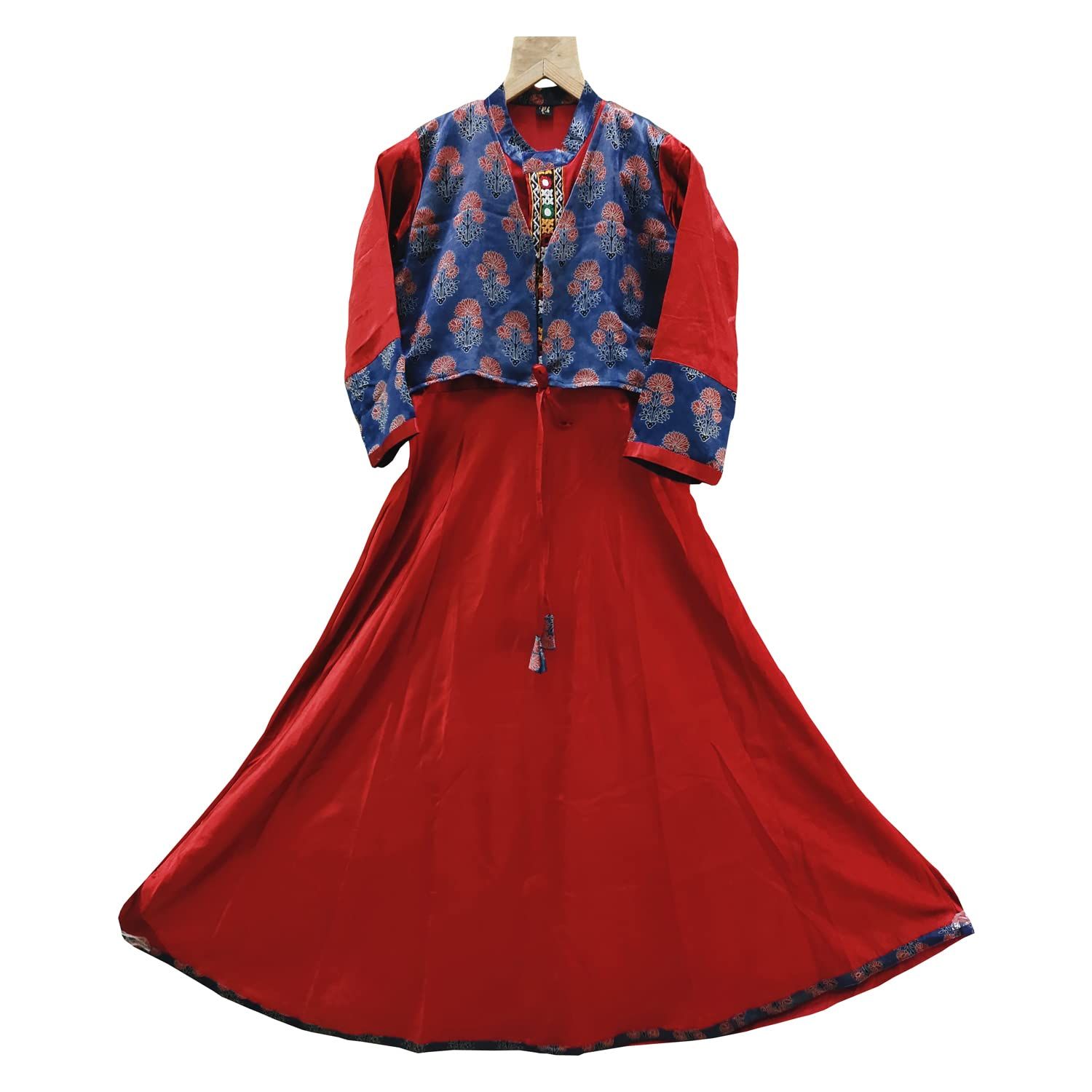 Garvi Gurjari Red Mashru Long Kurta with Block Printed Koti [Size : M]
