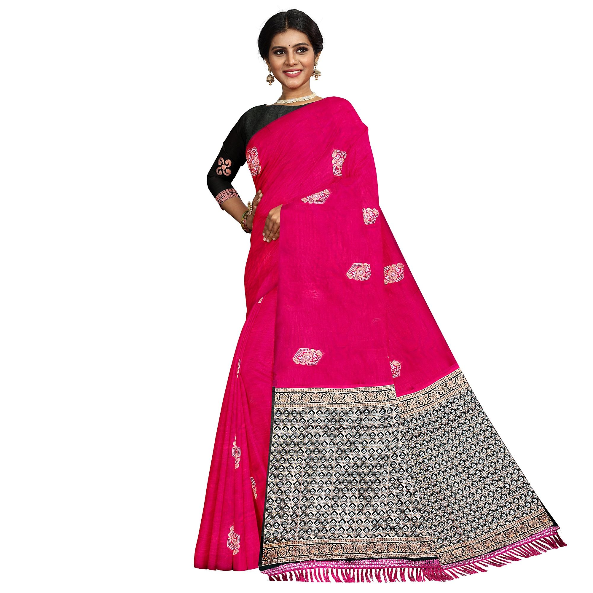 Red Color Silver & Copper Zari Butta Saree with Contrast Blouse