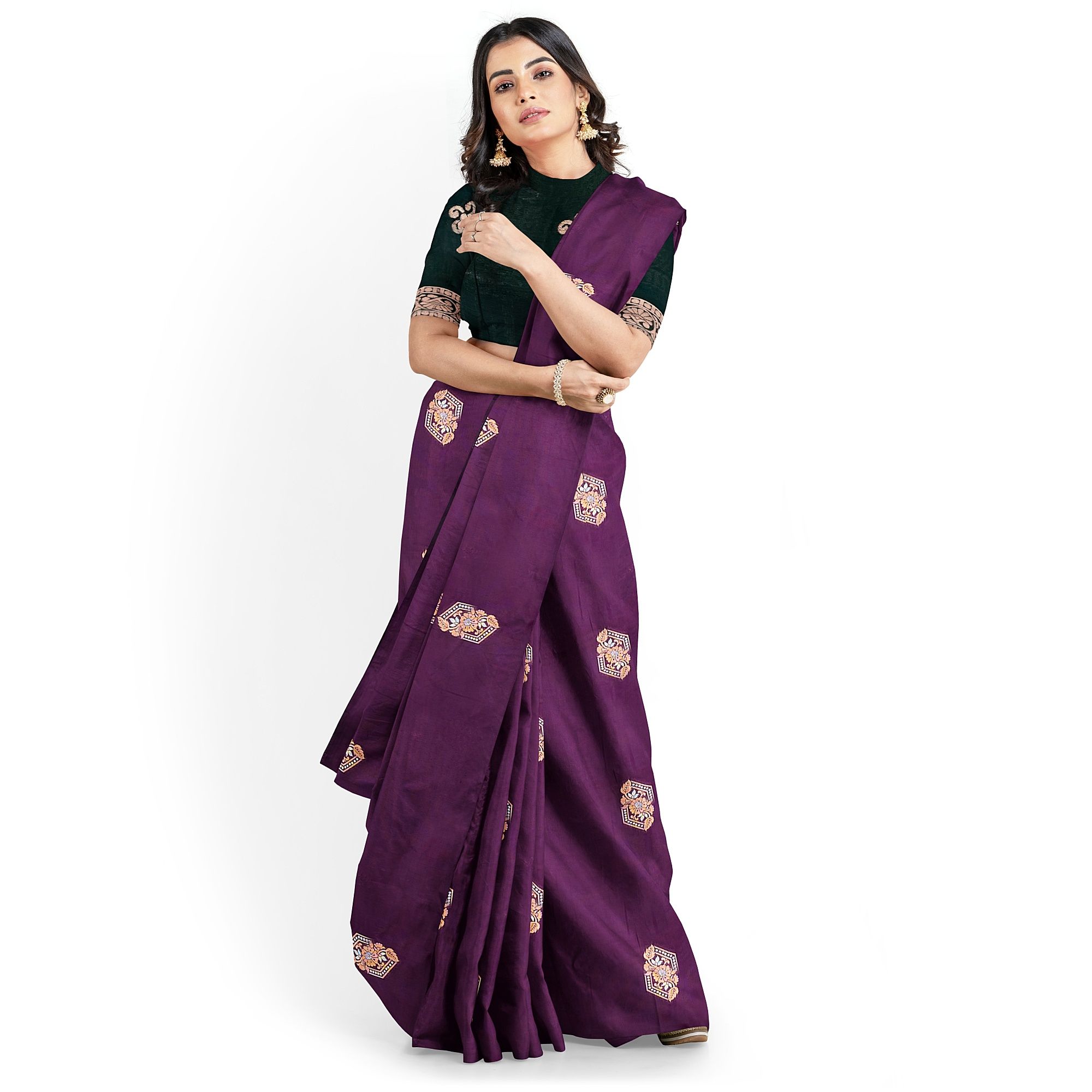 Purple Color Silver & Copper Zari Butta Saree with Contrast Blouse