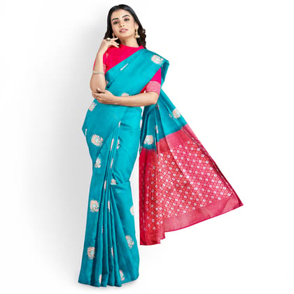 Sky Blue Color Silver & Copper Zari Floral Butta Saree with Contrast Blouse
