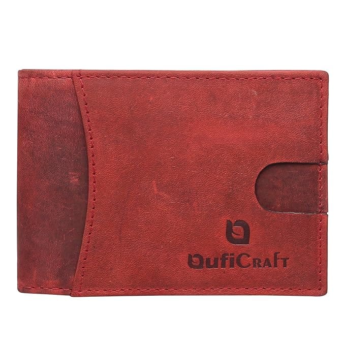 QufiCraft Genuine Leather Two Fold Wallet | Credit/Debit Card/Slim Minimalist | Office ID for Mens and Boys (5 Card Slots) (Red)