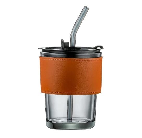KREMLIN Glass Sipper Tumbler Mug with Glass Lid with leather Strip for Coffee,Tea, Milk Beverages 435ml