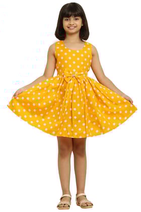 Tripti  Enterprises Girls ethnic Printed Frock Yellow Dot With Lining & Bow.