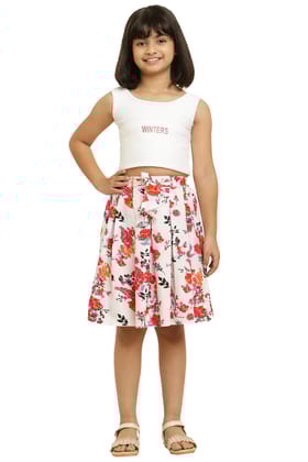 Stylish Red Floral  Printed  Elastic & Ribbon&nbsp;Skirt for girls.