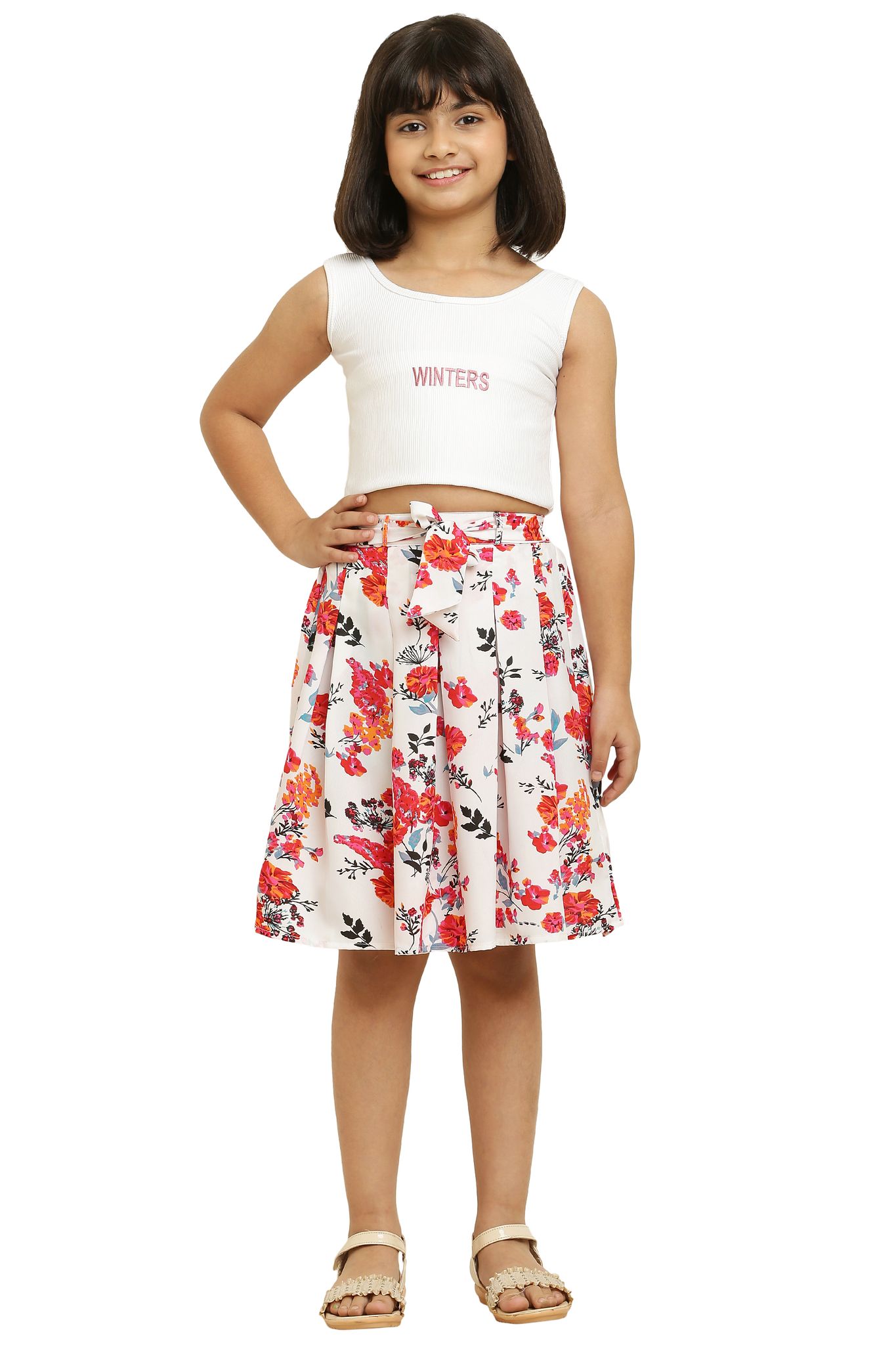 Stylish Red Floral  Printed  Elastic & Ribbon&nbsp;Skirt for girls.