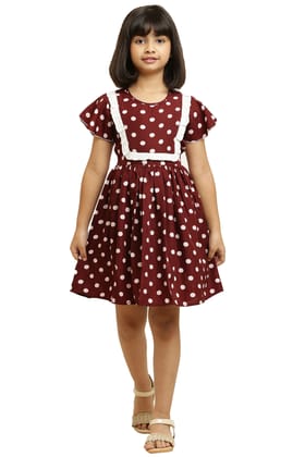 Ethnic Brown Dot Printed&nbsp;Frock With Lining & Frill for girls
