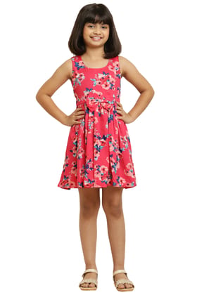 Stylish Pink Flower Printed&nbsp;Frock with Bow & for Girls.