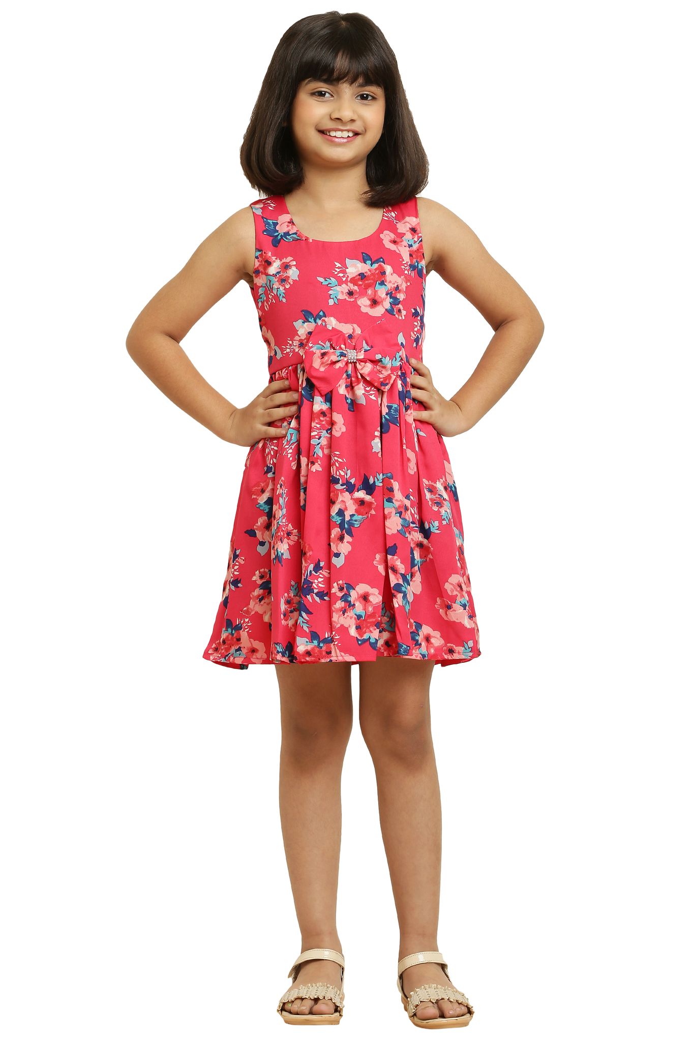 Stylish Pink Flower Printed&nbsp;Frock with Bow & for Girls.