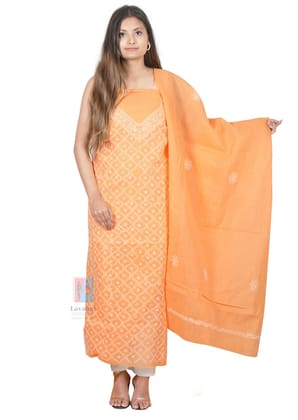 Lavangi Women's Lucknow Chikankari Cotton Unstitched Dress Material for Top, Bottom & Dupatta (Peach) Lavangi Women's Lucknow Chikankari Cotton Unstitched Dress Material for Top, Bottom & Dupatta (Peach)