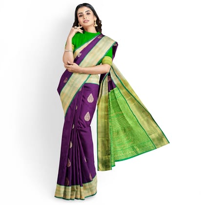 Dark Purple Color Korvai Saree Has Contrast Pallu and Border with Unstitched Blouse Dark Purple Color Korvai Saree Has Contrast Pallu and Border with Unstitched Blouse