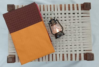 Noil silk checked border mustard yellow and pink