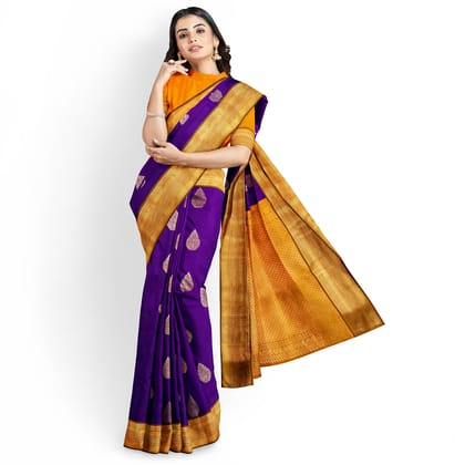 Dark Blue with Orange Color Korvai Saree Has Contrast Pallu and Border with Unstitched Blouse Dark Blue with Orange Color Korvai Saree Has Contrast Pallu and Border with Unstitched Blouse