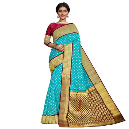 Bright Blue Color Small Checkered Korvai Saree Has Contrast Pallu and Border with Unstitched Blouse
