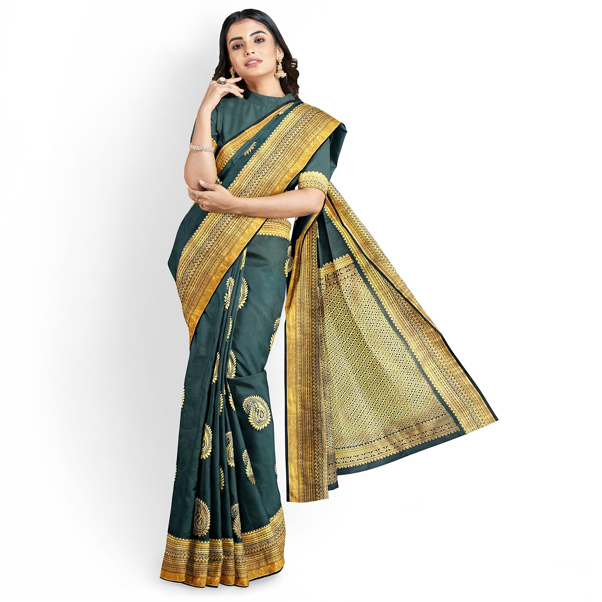 Sea Green Color Big Mango Butta Saree with Unstitched Blouse