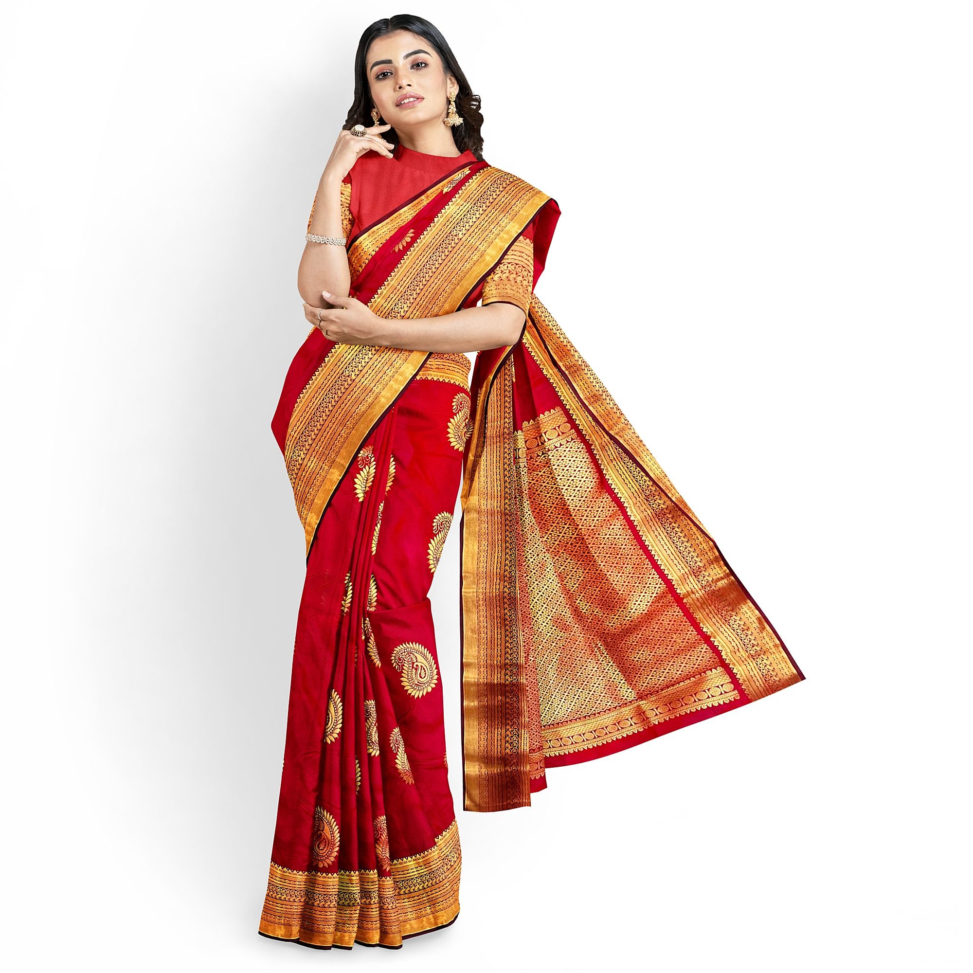 Dark Red Color Big Mango Butta Saree with Unstitched Blouse