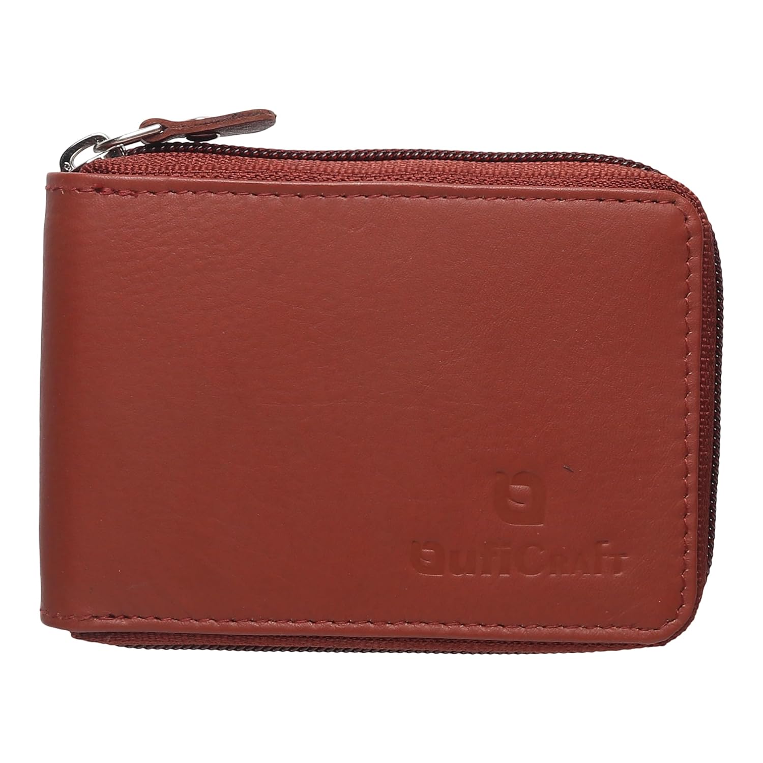 QufiCraft Genuine Leather Round Zip Card Holder | Credit/Debit Card/Slim Minimalist | Office ID for Mens and Boys (10 Card Slots) (1 ID Card Window) (Brown)